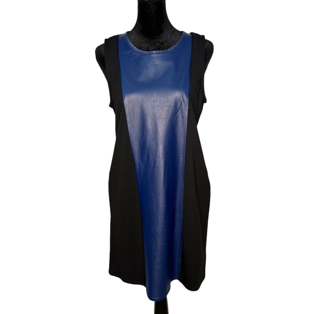 PJK Patterson J. Kincaid Black Blue Clara Lamb Leather Panel Shift Dress Size S